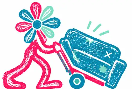 The Offbeat flower mascot pushing an old couch on a hand dolly